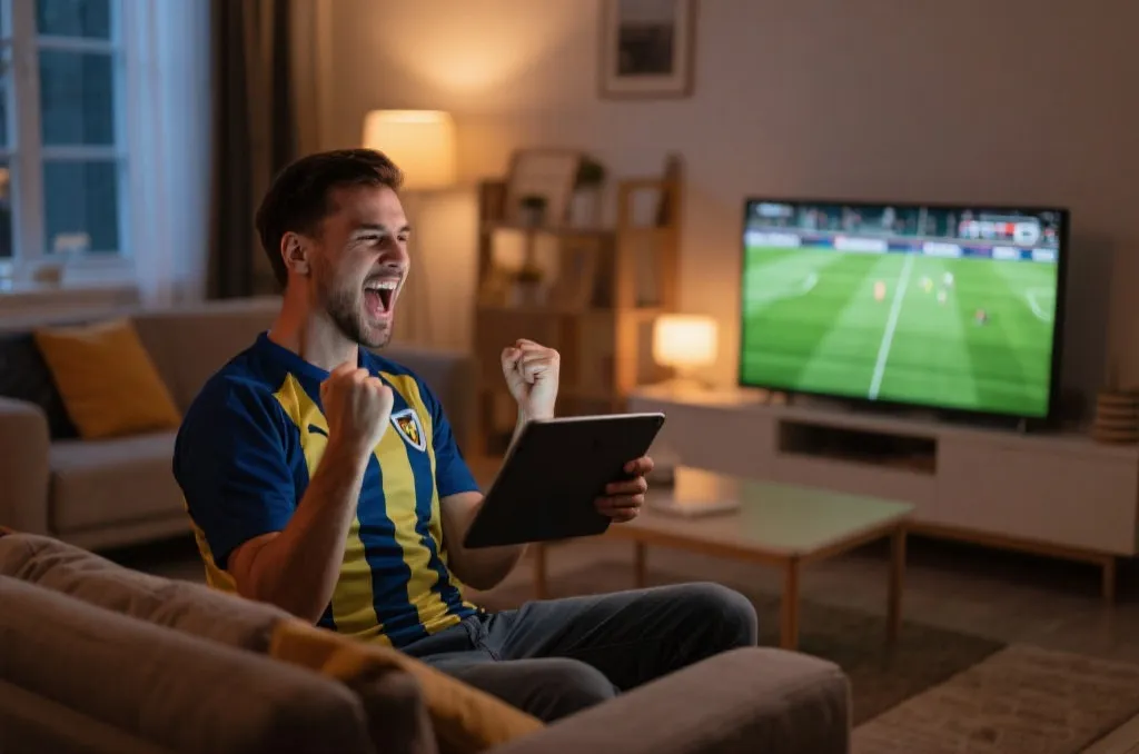 A passionate sports fan holding a tablet and watching an intense football match broadcast